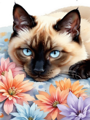 Siamese Cat and Flowers
